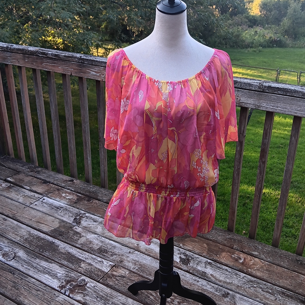 Dots Vibrant Pink, Orange & Yellow Floral Blouse, Size 2X